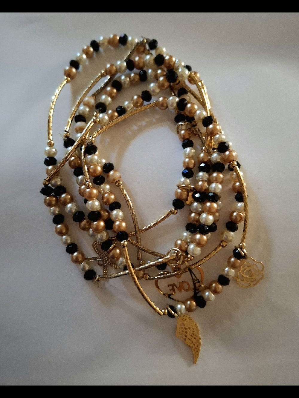 H&M Gold-tone Pearl and Black Bead Multi-Strand Bracelet